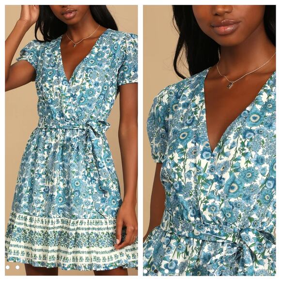 Lulus Blue Floral Print Puff Sleeve Mini Dress - Picture 2 of 5